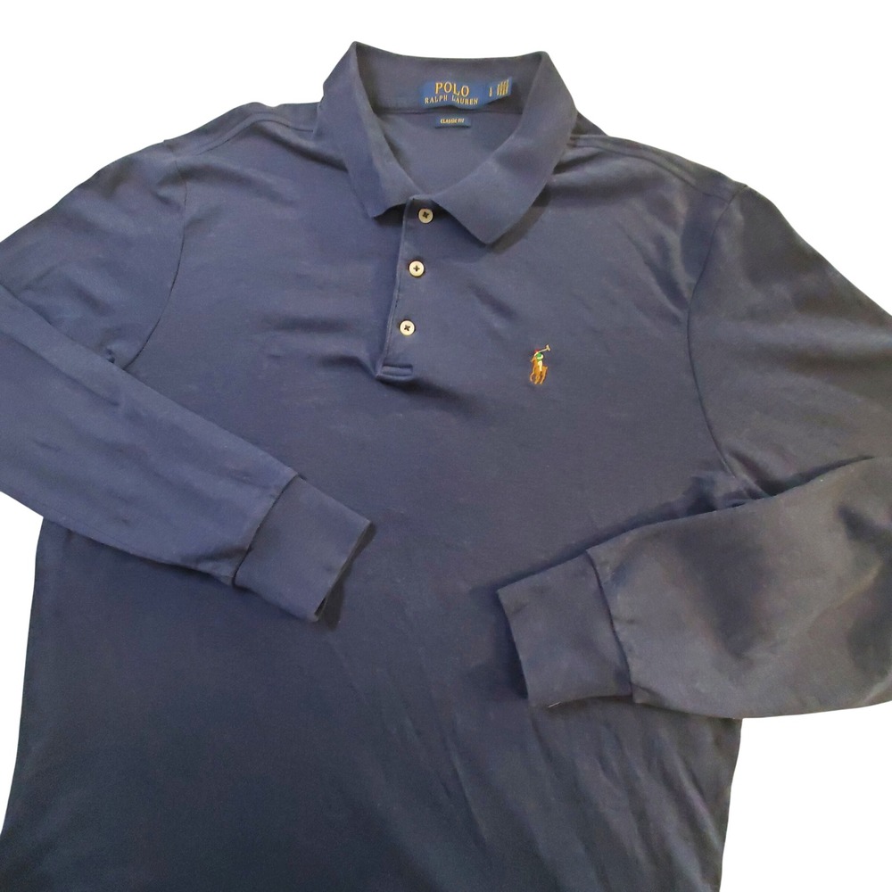 Polo Ralph Lauren Mens Large Navy Blue Long Sleeve Classic Fit Polo Shirt Cotton